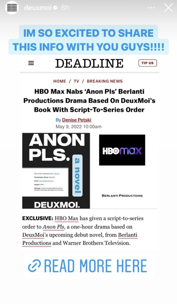 Deuxmoi’s Debut Novel ‘Anon Pls’ To Be Adapted For HBO Max Series ...